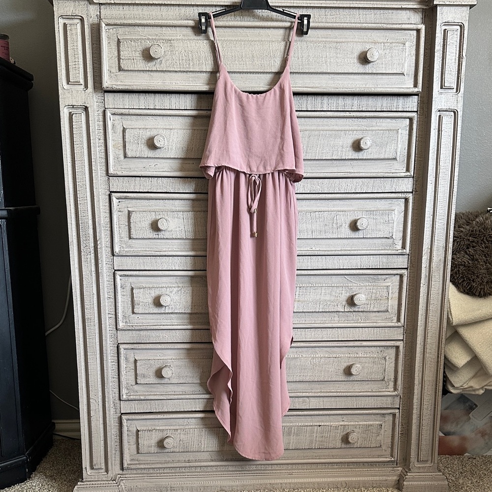 Blush Pink High-Low Maxi Dress with Drawstring Waist